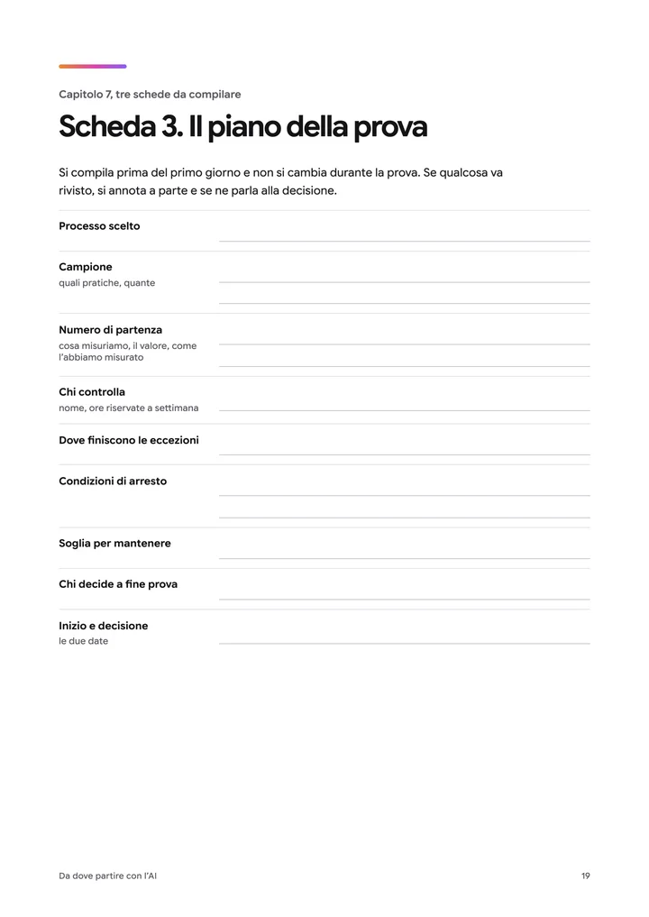 Pagina 19 della guida: la scheda del piano della prova, con i campi da compilare.
