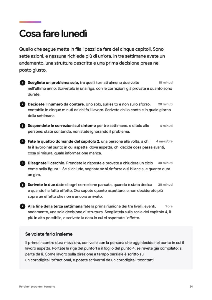 Pagina 19 della guida: la lista delle sette azioni da fare lunedì, ognuna con il tempo che richiede.