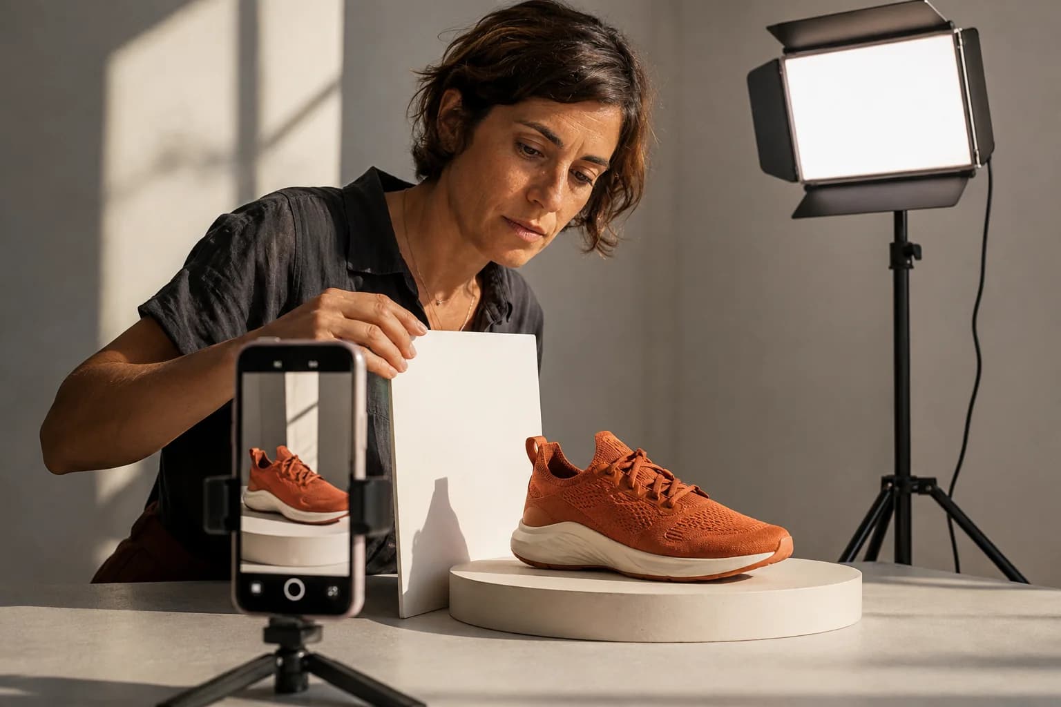 Scena editoriale generata con AI: una professionista prepara un video pubblicitario verticale di un prodotto, ripreso con smartphone.