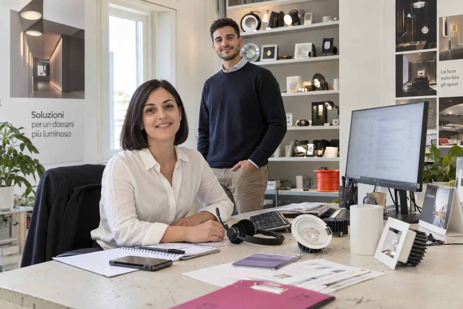 Una giovane professionista e un collega al banco preventivi di un’azienda di illuminazione