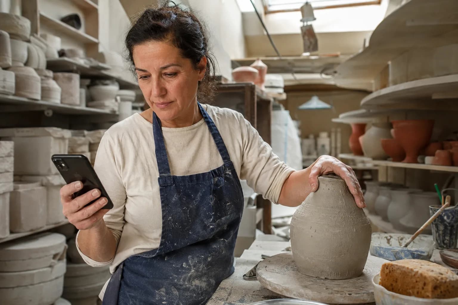 Una ceramista legge un messaggio nel proprio laboratorio