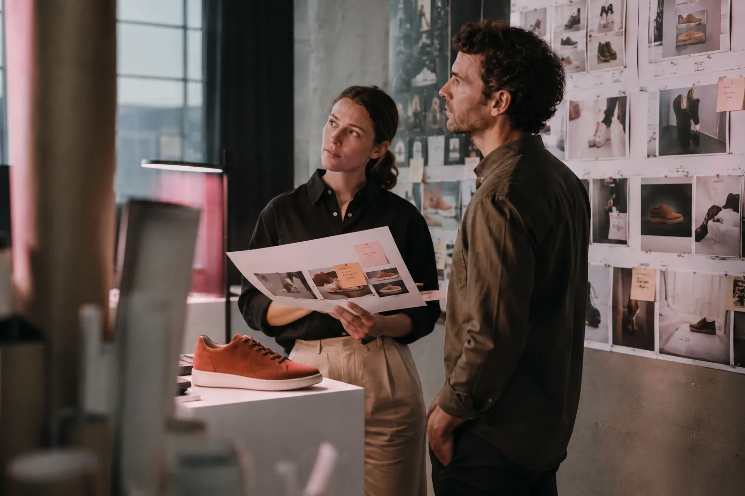 Due professionisti confrontano materiali di campagna e fotografie di prodotto
