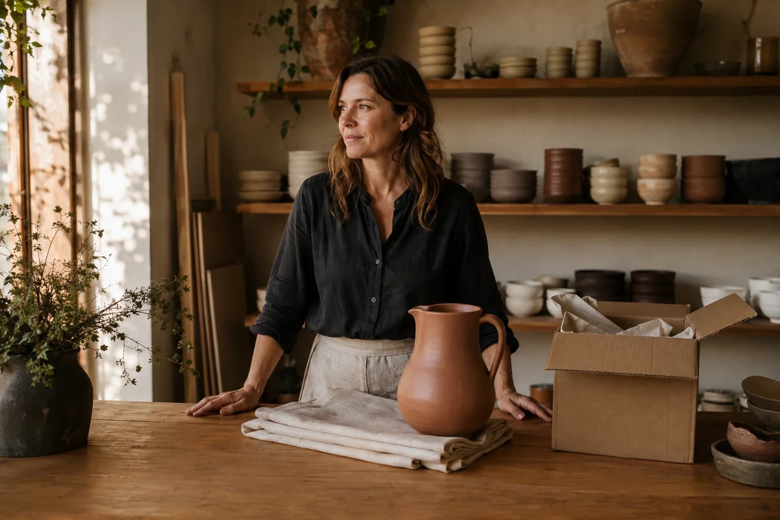 Una fondatrice prepara una brocca in ceramica e il suo imballaggio nell’atelier