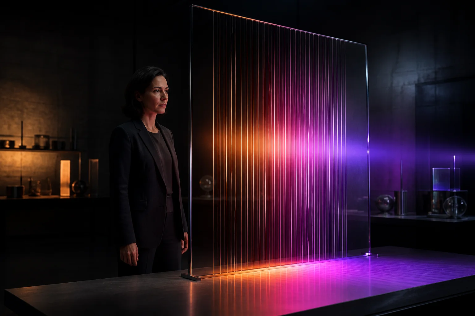 Scena illustrativa generata con AI: una professionista osserva un’installazione luminosa nei colori Unicorn