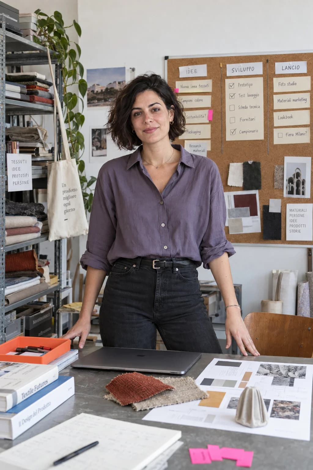 Ritratto illustrativo di una giovane professionista in uno studio tessile italiano, con campioni e un piano di progetto