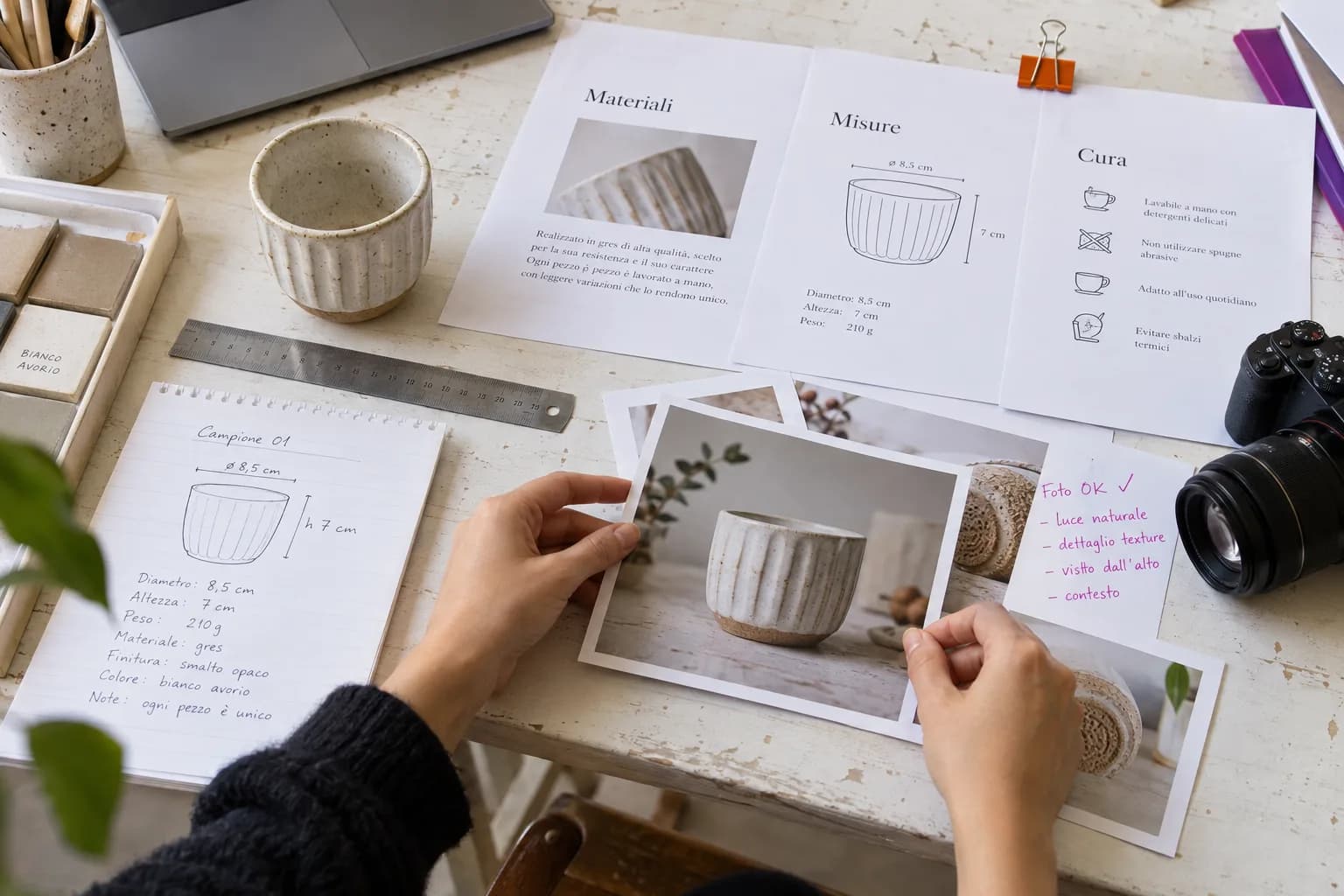 Un tavolo di lavoro con una ceramica, fotografie e schede su materiali, misure e cura del prodotto