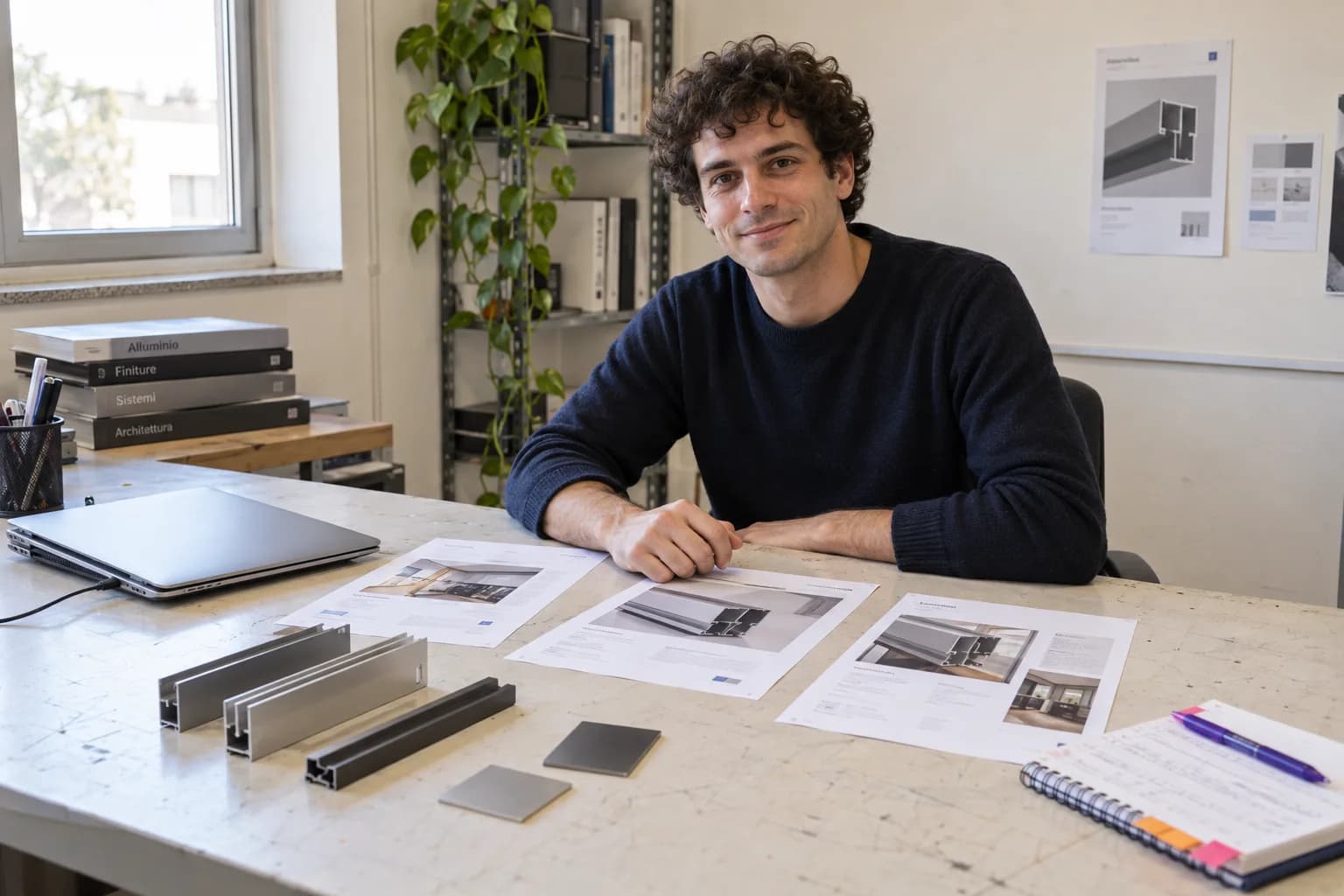 Un giovane professionista prepara le schede di prodotto a partire da campioni e documentazione tecnica, in un ufficio italiano.