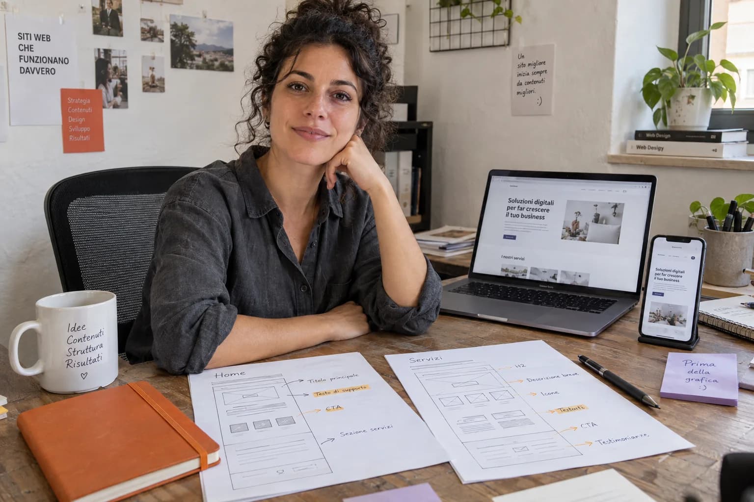 Una web designer con le bozze delle pagine e le anteprime del sito su computer e telefono