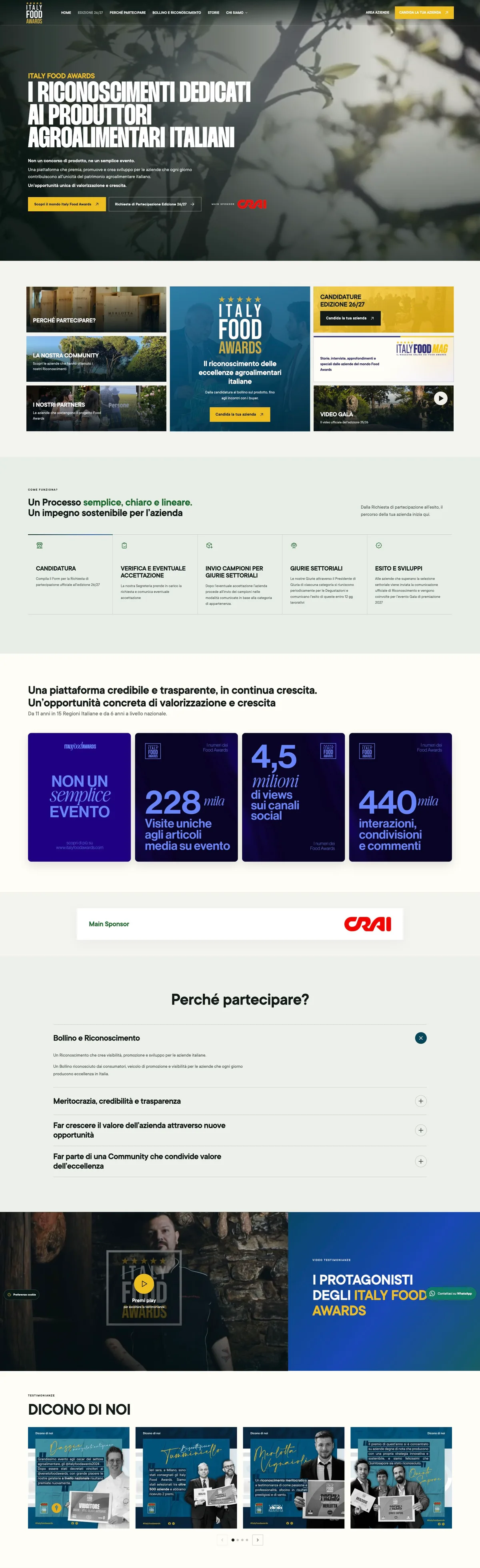 Schermata reale del sito pubblico Italy Food Awards